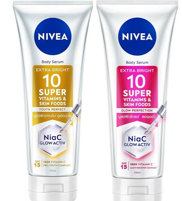 Nivea 2 Pices Set Body Serum Extra Bright 10 Super Glow Niacinamide Vit C And A And Super Youth Niacinamide Vit C And E 2 170 ml